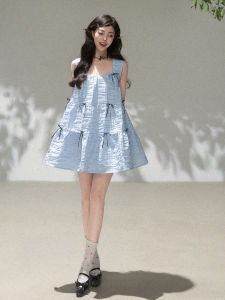 KEIKO | Ruffled Textured Sleeveless Bow Beaded Striped Collar Doll Dress