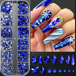 12Grids 3D Random Sapphire Blue Nail Art Rhinestones Mixed Flatback Round Heart Drop Diamond Nail Charms Christmas Nail Supplies