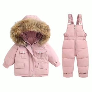 Kanak-kanak Perempuan Kanak-kanak Lelaki Pakaian Salji Pakaian Luar Musim Sejuk Hangat Pakaian Bertudung Lengan Panjang Jaket Kot dengan Zip Suspender Seluar Seluar Keseluruhan
