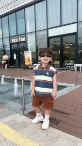 BE268 Bộ quần áo bé trai BERNIE set áo ba lỗ kẻ ngang quần đùi jean phong cách Hàn Quốc