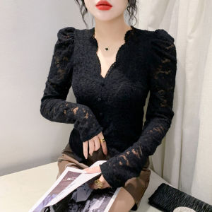 Nữ Lông Cừu Lót Ôm Vừa Vặn Cổ Chữ V Dài Tay Ren Áo Sơ Mi Mùa Thu Mùa Đông Thời Trang Sành Điệu Áo Lót Phong Cách Châu Âu