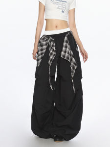 American Style Hip Hop Plaid Removable Wide Leg Pants Womens Loose Casual Floor Length Trousers Street Style Straight Leg