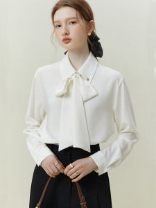 Elegant White Shirt for Women Butterfly Knot Design Commute Professional French Style Casual Chic Top Polyester Fiber