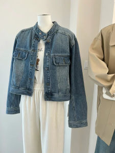 แจ็คเก็ตยีนส์ทรงหลวมสไตล์ฮ่องกงสำหรับผู้หญิง ฤดูใบไม้ผลิและฤดูใบไม้ร่วง ทรงเข้ารูป คอตั้ง แจ็คเก็ตแบบสวมหัว