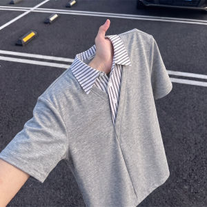 Mens V-neck Polo Shirt With Faux Layer Stripe Splice