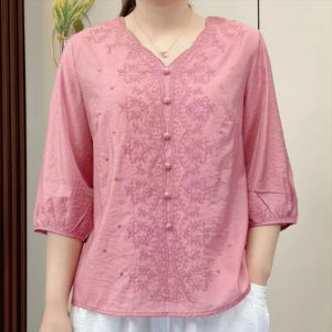 Womens Embroidered T-Shirt Loose Cotton Linen Shirt Artistic Retro V-Neck Blouse Chinese Style Top