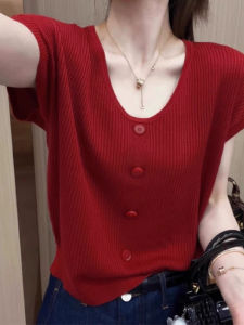 Shalldoer | V-neck Short Sleeve Ice Silk Retro Red Summer Style Blouse