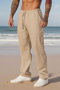 Mens Summer Vacation And Leisure Breathable Linen Long Pants Casual Loose-fitting Breathable And Cool Solid-color Casual Pants