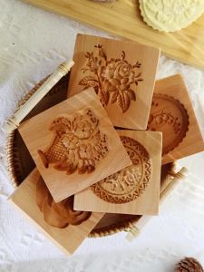 Wooden Cookie Molds with Rose Flower Patterns 3D DIY Carved Embossed Cookie Cutter Moulds for Baking Fondant Cake Biscuit Tool