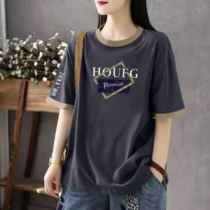 เสื้อยืดแขนสั้นผ้าฝ้ายแท้สำหรับผู้หญิงไซส์ใหญ่ ทรงหลวม สไตล์เกาหลี ฤดูร้อน 2024 เสื้อตัวบนลายพิมพ์เรขาคณิตสุดเก๋