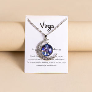 Vintage 12 Zodiac Sign Moon Pendant Necklaces Galaxy Star Glass Necklace For Women Girls Gifts