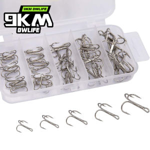 9KM Fishing Treble Hook Kit 50/150pcs High Carbon Steel Hooks Strong Sharp Round Bend for Lures Baits Saltwater Freshwater Bass