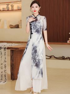 High Waist A-Line Skirt with Stand Collar Butlered Tassel Sleeves Long Dress for Women Dance Performance Outfit 2024 New Style