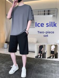 ROMON | Lomond Mens Casual Sports Set Summer Ice Silk Thin Short Sleeve T-shirt Quick Dry Basketball Shorts Two-piece Suit Polyester Elastic Fiber
