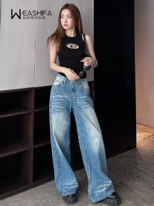Quần Jeans Denim Ống Rộng Rửa Sạch Phong Cách Mỹ Retro Cho Nữ Mùa Xuân 2025 Quần Dài Dài Đến Sàn Ôm Dáng Thẳng