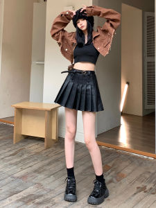 Black High Waist A-Line Mini Skirt Womens Slimming Pleated Short Skirt Korean Style Cotton PU Blend Student Fashion