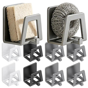 2Pcs Self-Adhesive Stainless Steel Sink Sponge Storage Holders / Hollow Drain Design Drying Racks for Sponges Soap and Cleaning Brushes / Punch-Free Wall Mount Organizer