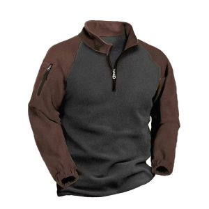 Color Block Thermal Jacket Zippered Outerwear Mens Loose Fit Fleece Jacket Thickened Outdoor Camping Travel Gear