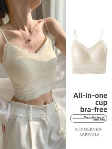 Miiow | Wireless Lace French Strap Womens Bralette Spring Summer Inner Wear Matching Tank Top Seamless Padded Integrated Design