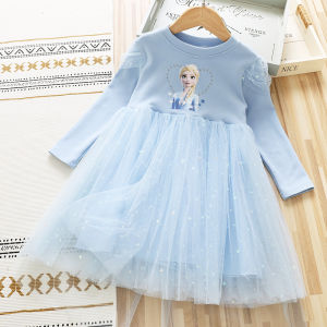 Girls Long Sleeve Lace Dress Baby Versatile Korean Style Princess Dress Pure Color Commute round Neck Cotton Spring New Arrival