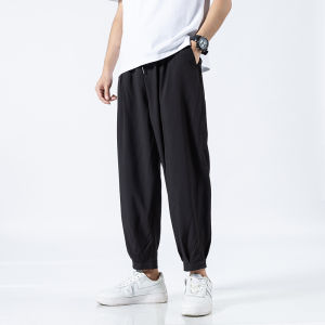 Ice Silk Summer Mens Ankle-length Pants Solid Loose Quick Dry Pants Mens Casual Elastic Lightweight Joggers Thin Business