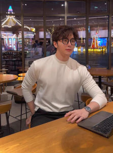 American Style Long Sleeve Half High Collar Mens T-shirt Comfortable Loose Base Shirt Trendy Mid-Neck Top for Youth