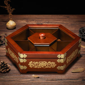 Creative Wooden Chinese Style Fruit Nut Candy Box Dry Fruit Tray with Lid Partition Home Decoration Festive Use Snack Dish