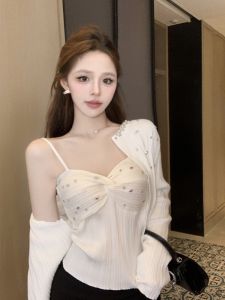 GUZILIAN | Áo ba lỗ dệt kim ôm vừa vặn kiểu Pháp gợi cảm Áo ba lỗ hở vai Áo khoác cardigan hai mảnh cho nữ mùa thu