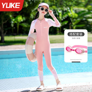 Childrens One-Piece Swimsuit Long Sleeve Thermal Spring Girls Swimwear New 2025 Style Primary School Students Professional Hot Spring
