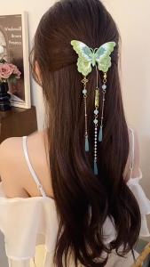 Green Embroidered Butterfly Hair Clips Women New Chinese Style Retro Resin Bead Tassel Duckbill Barrettes Hanfu Cheongsam