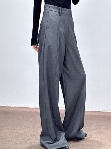 Gray Wool Blend Wide Leg Pants Womens High Waist Loose Suit Pants Slimming Casual Long Trousers Autumn Winter New Arrival
