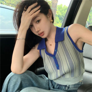 Color Block Polo Neck Knitted Short Vest Womens Sleeveless Top Summer New Style Versatile Inner And Outer Wear Slim Fit