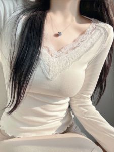 LUOFEN | Lace Base Shirt Womens Spring New Tight Tea Art White Wooden Edge Inner Pure Desire Low V-neck Top Korean Style Short Sleeve