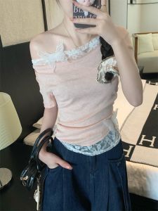 Áo Thun Nữ Tay Ngắn Cổ Chéo Ren Thắt Nút Bướm Dáng Ôm Mùa Hè Thiết Kế Giả Hai Mảnh Áo Ngắn Cổ Chữ V Tay Ngắn