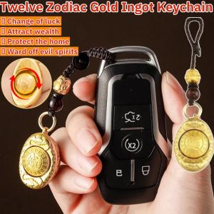 Twelve Zodiac Gold Ingot Keychain Car Keychain with Money Bring In Wealth and Treasure