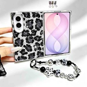 Fashion Sparkly Leopard Print Case Compatible with for Samsung Galaxy Z Fold8 Ultra/8/7/6/5 Hard PC Shock Resistant Full Protection Foldable Phone Shell Cute Decor Beaded Wrist Chain Ladies Aesthetic Cover