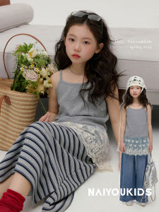 Lace Patchwork Skirt Vest Top for Girls Kids Clothing Layered Wear Shoulder Strap mid Large Childrens Vest Korean Style Summer T-shirt