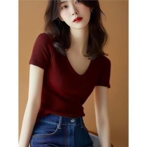 Retro Hong Kong Style Wine Red V-Neck Knitted T-Shirt Womens Short Summer High-End Ice Silk Base Shirt Korean Version Commute