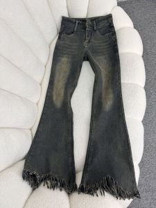Retro Blue Bell Bottom Frayed Tassel Elastic Denim Jeans Womens High Waist Slimming Long Pants Casual Style High Waist Fit