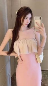 Catalog Fashion ชุดเดรสยาวแฟชั่นเกาะอก หน้าอกสม็อคยางยืด 2 สี เดรสออกเดท วาเลนไทน์