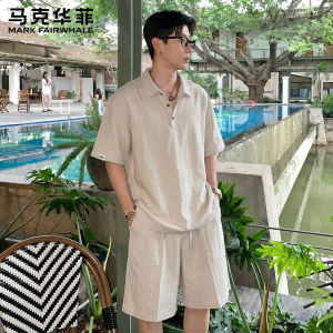 Mark Fairwhale | Retro Rich Style Linen Polo Shirt Shorts Set Large Size