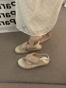Holiday Fairy Style Woven Cross Thick Bottom Sandals Womens Summer 2024 Skirt Matching French Bohemian Roman Shoes