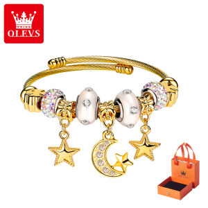 OLEVS กำไลข้อมือผู้หญิงทำจากทองสวยงามอเนกประสงค์สร้อยคอพร้อมจี้ดาวเกาหลี