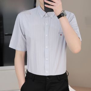 HENGYUANXIANG | Hengyuanxiang Mens Short Sleeve Shirt Embroidered Stripes Pure Cotton Casual Breathable Iron Free High End Shirt Summer Fashion Urban Style