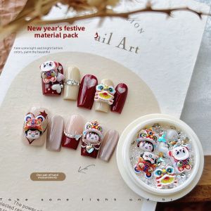 New Year Lion Dance Nail Art Materials Kit Pearls Rhinestones Cartoon Design Wearable Nail Tips Accessories Beauty Tools