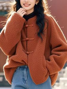 Winter Thickened Orange Fleece Jacket Button Design Simple Match All Seasons New Chinese Style Womens Long Sleeve Coat