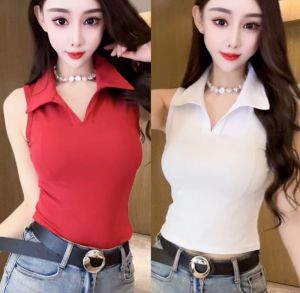 เสื้อกั๊กโปโลคอตั้งแขนกุดสีพื้นแฟชั่นสำหรับผู้หญิง ฤดูร้อน 2025 เสื้อเชิ้ตฐานรากทรงเข้ารูปสำหรับใส่ทำงาน ผ้าผสม