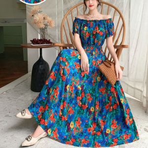 Váy Dài Vai Hoa Lụa Cotton Bohemian Váy Dài Cạp Chun Mùa Hè 2023 Phong Cách Dân Tộc Váy Đi Biển Váy Nữ