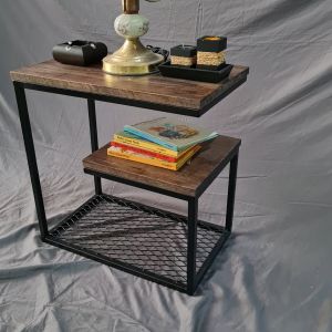 ตัวเล็กหนึ่ง 50x30x50 ชุดเทียนเล็ก แบบตัว G มีตะแกรง เคลือบ PU ขาเหล็กสีดำ ไม้สีโอ๊ค