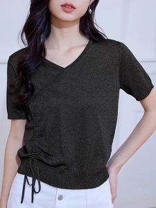 WANGGONGZHU | Ice Silk Knitted Top Womens Summer New Design Loose Short Sleeve V-Neck Fashionable Drawstring T-Shirt Princess Style Commute